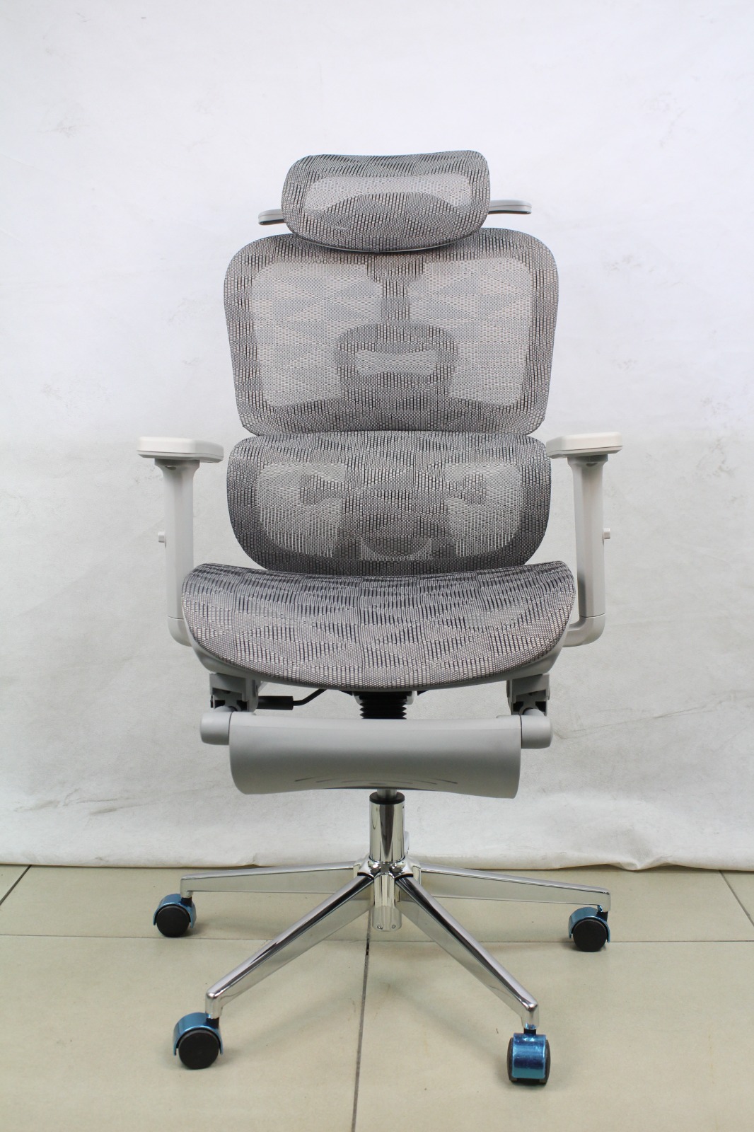 Grey Full Mesh Ergonomic Chair with Headrest and Footrest, front view
