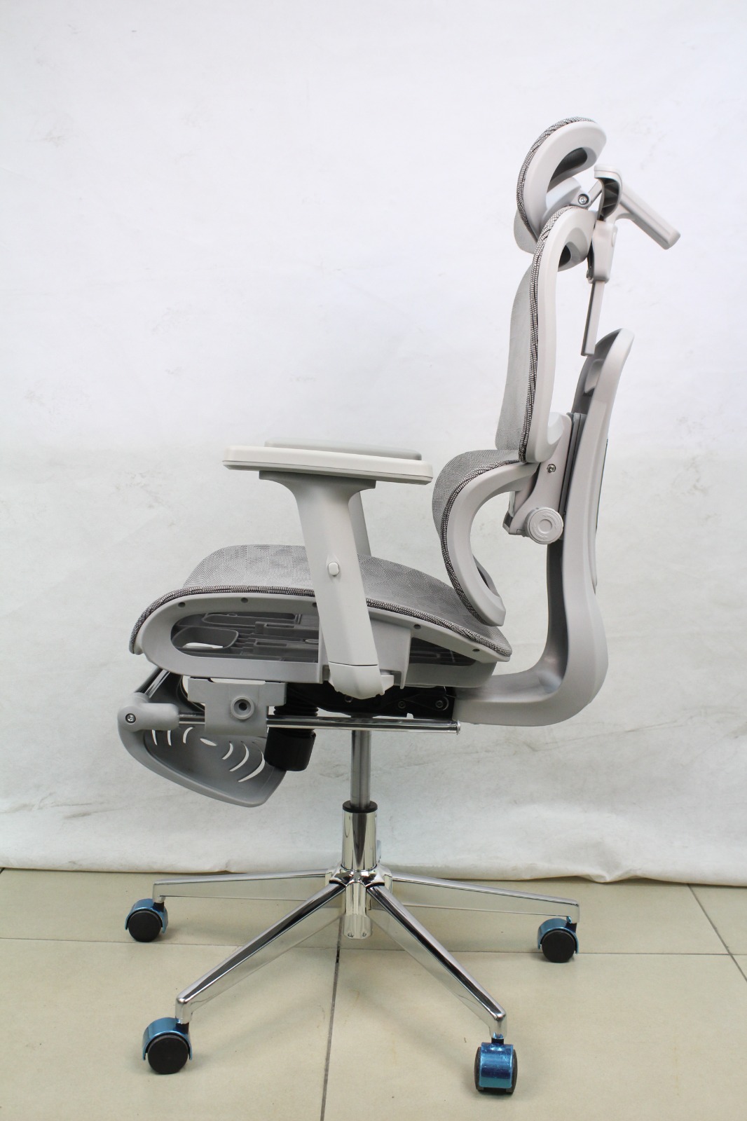 Grey Full Mesh Ergonomic Chair with Headrest and Footrest, side view