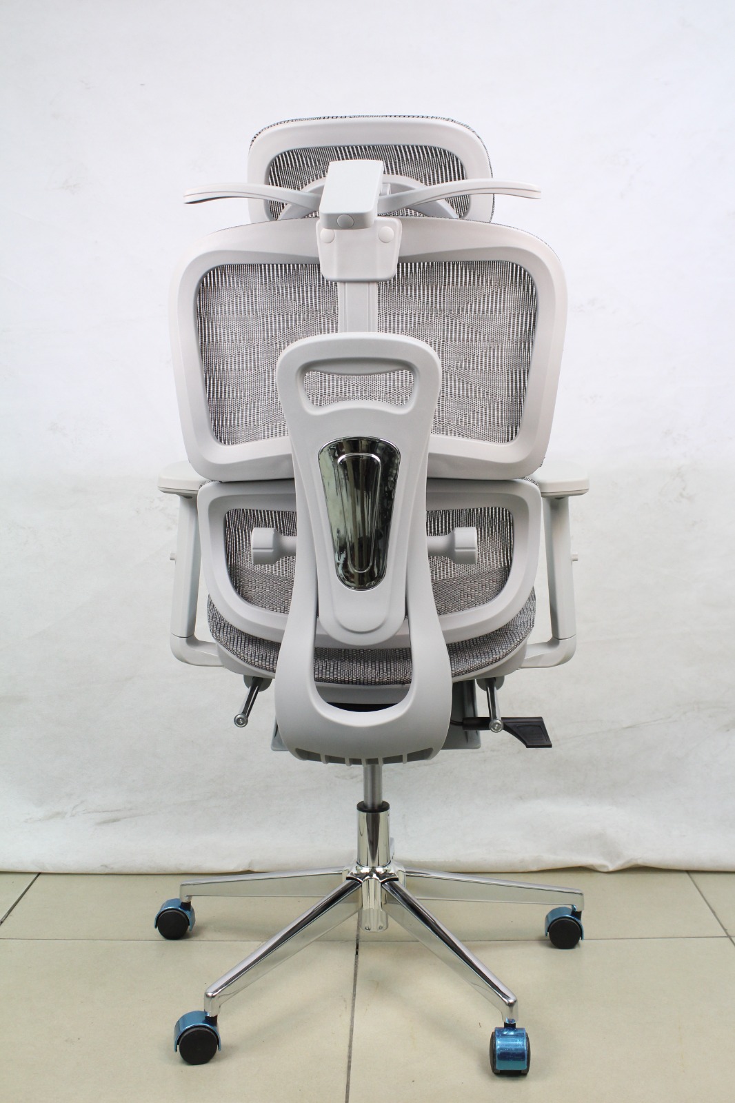 Grey Full Mesh Ergonomic Chair with Headrest and Footrest, back view