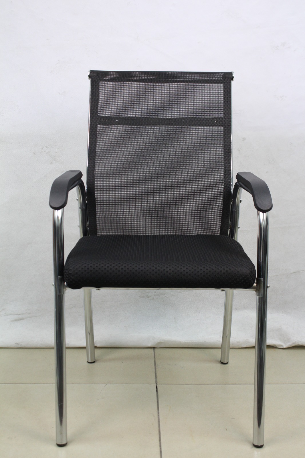 Black Mesh Visitor Chair with Four-Leg Chrome Frame, front view