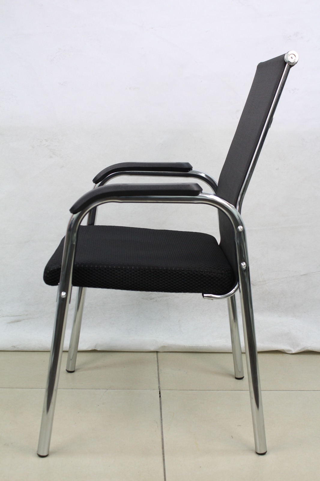 Black Mesh Visitor Chair with Four-Leg Chrome Frame, side view