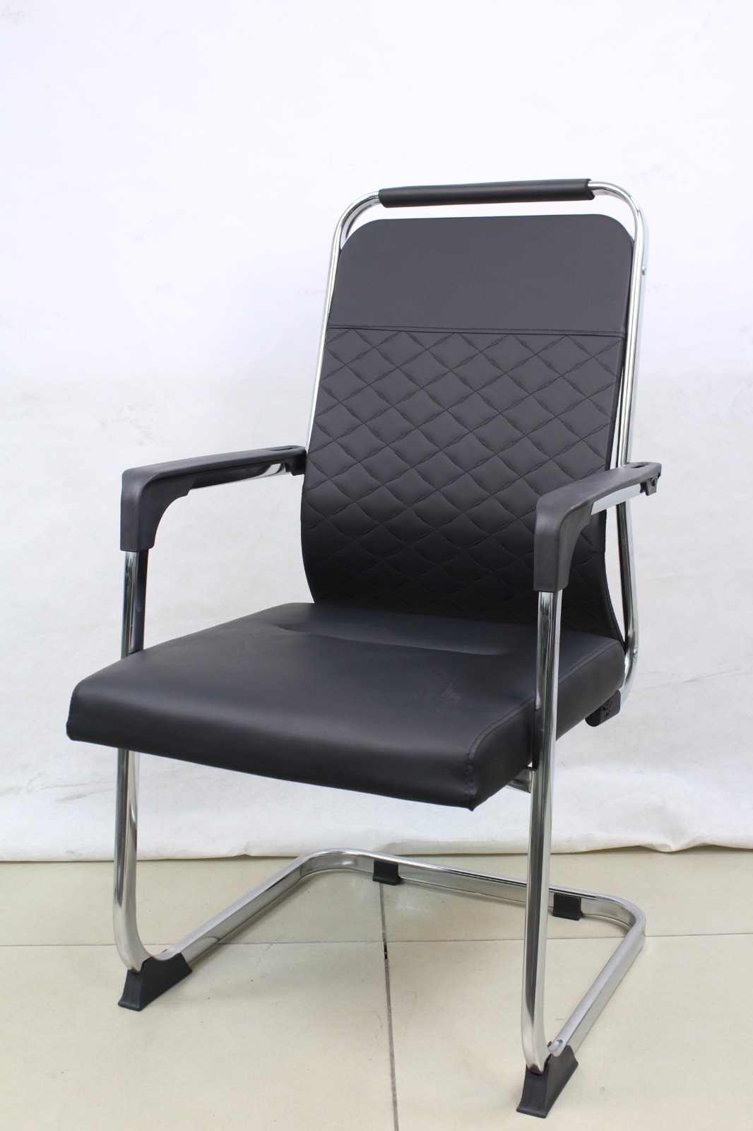 Black Diamond Stitch Leather Visitor Chair with Sled Base