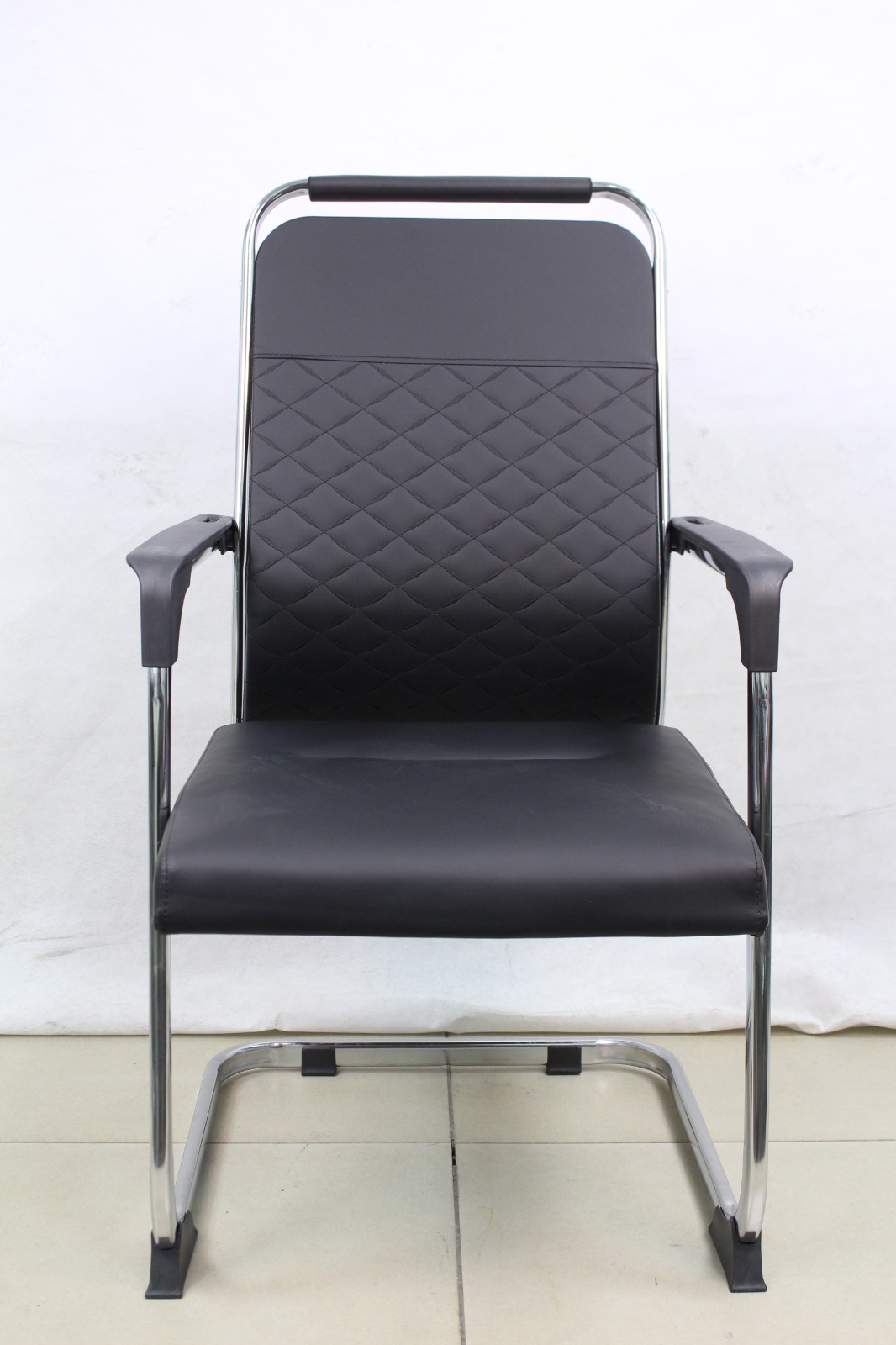 Black Diamond Stitch Leather Visitor Chair with Sled Base, front view